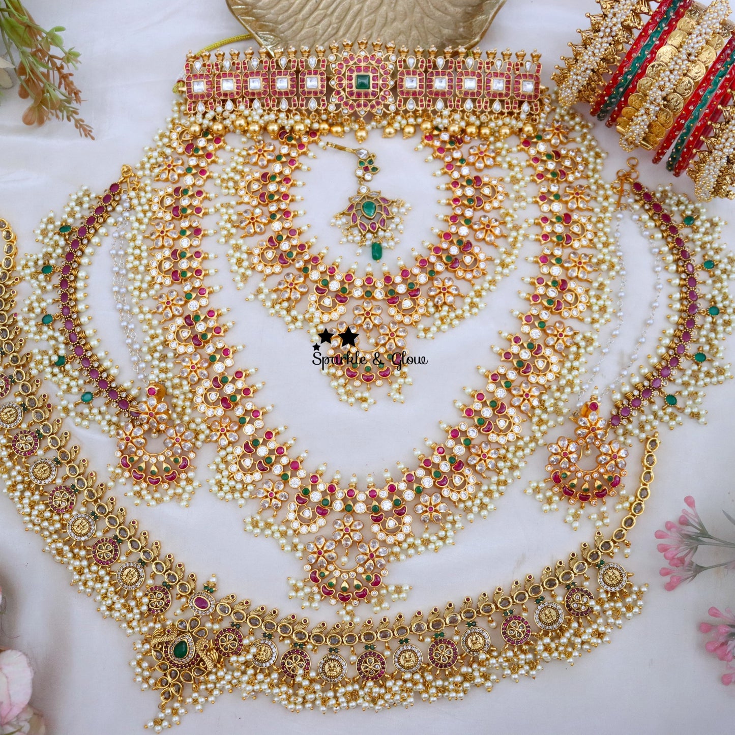 Grand Pearl cluster pancha lakshmi carved bridal set
