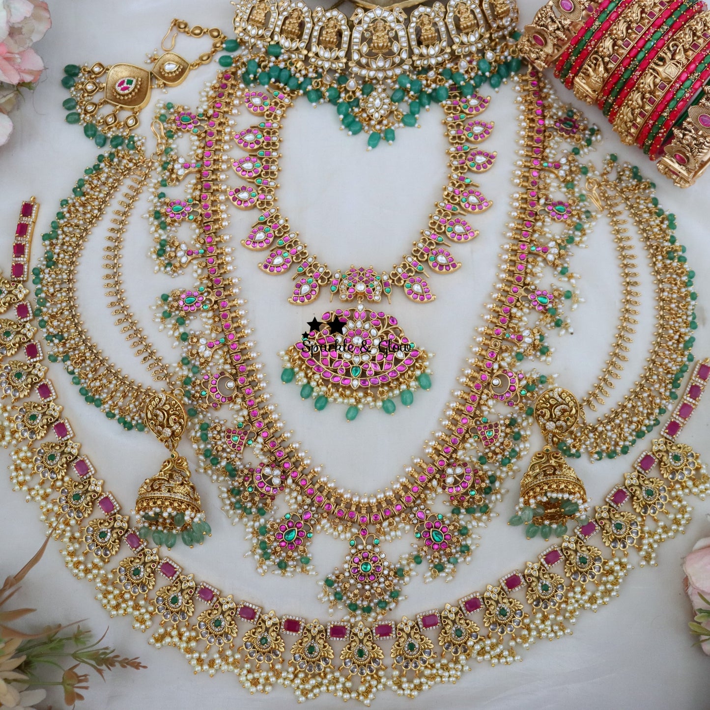 Green Grand Pearl cluster pancha lakshmi carved bridal set