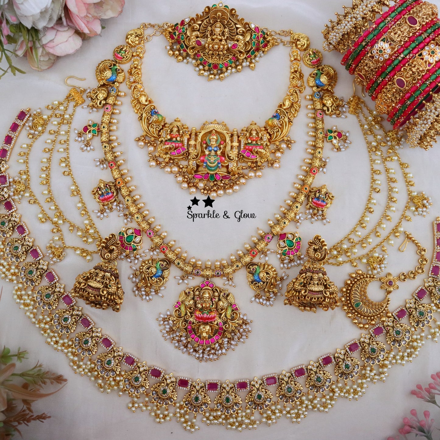 Intricately Carved Idol Lakshmi Peacock Design Bridal Set