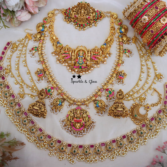 Intricately Carved Idol Lakshmi Peacock Design Bridal Set