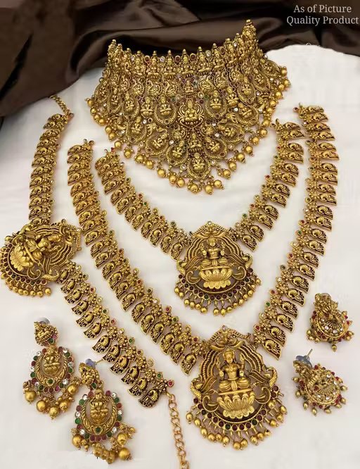 Traditional South Indian Temple Jewellery Laxmi Design Semi Bridal Jewellery Set With Golden Pearls (Drops) Paired With Earrings For Women And Girls Jewellery Set.